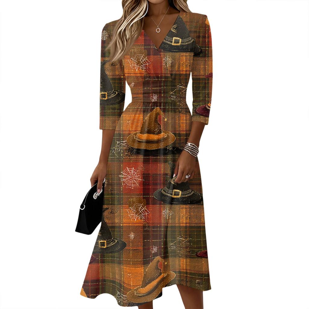 Women's Casual Three-Quarter Sleeve V-Neck Dress with Back Zipper for Everyday Wear