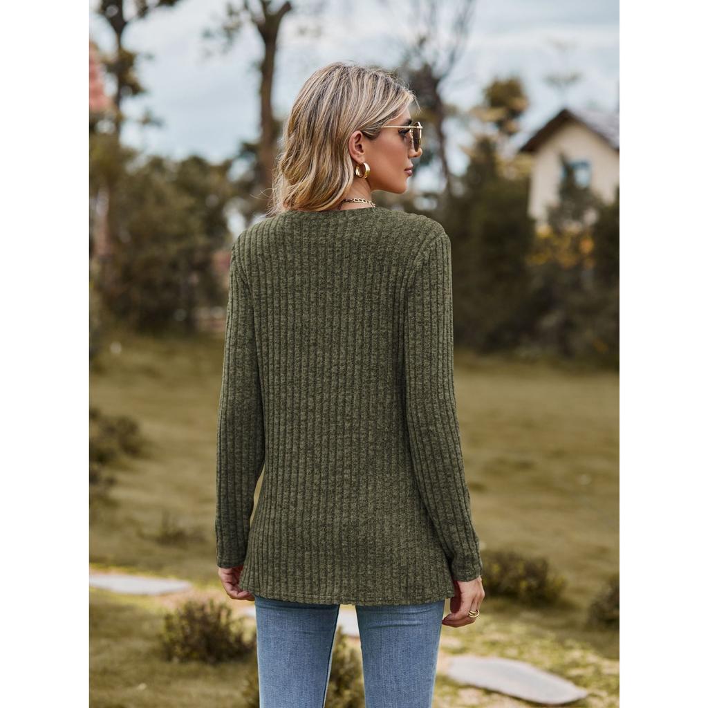 GMXIA Autumn Women's Round Neck Frosted Pit Strip Solid Color Top Long Sleeve T-shirt