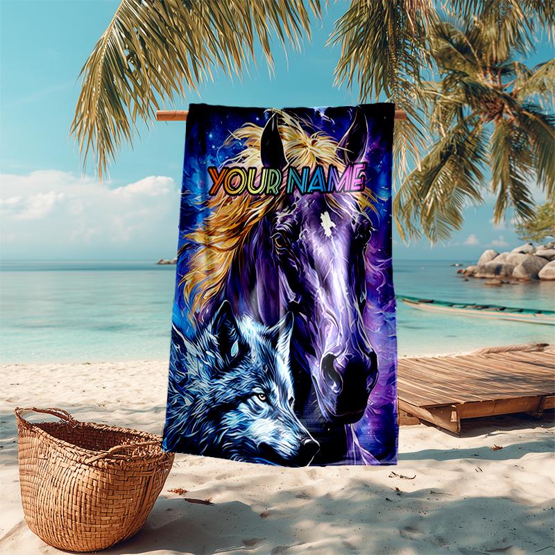 1PC Custom Name "Galactic Horse Wolf" Beach Towel Highly Absorbent And Sand-Resistant Towel for Swimming, Pool, Yoga, And Travel Lightweight