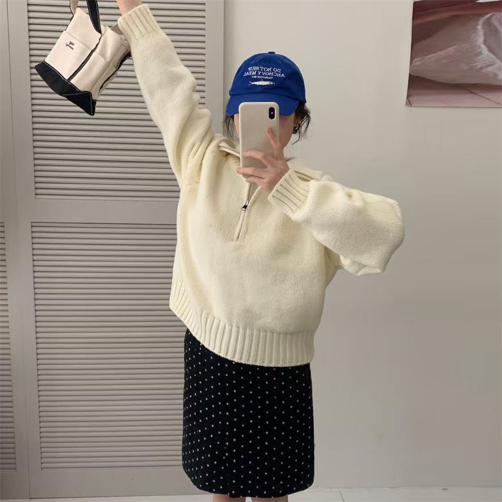 

Пуловер с воротником-стойкой на молнии, женский осенне-зимний, новый ленивый стиль, свободный, утолщенный, повседневный вязаный свитер-топ One size