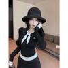 Korean Style Black Polka Dot Patchwork Long Sleeve Women's Velvet T-shirt, Autumn Slim Fit Fake Two-Piece Top