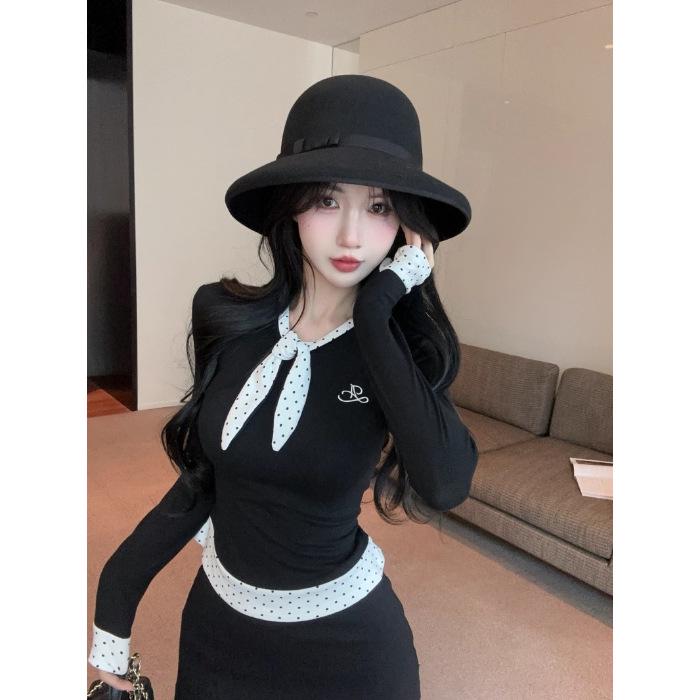 

Korean Style Black Polka Dot Patchwork Long Sleeve Women s Velvet T-shirt, Autumn Slim Fit Fake Two-Piece Top Extra Large