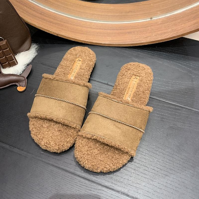 Internet Celebrity Mao Mao Slippers Women's Fashion Wear 2025 Autumn and Winter New Retro Soft Flat Bottom Home Lazy One-word Cotton Mop