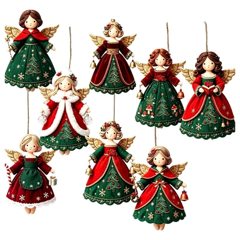 Corded Christmas Angel Decorations, Illustrated Wooden Figures for Seasonal Displays, Gift Bags, Wreaths, and Mantels