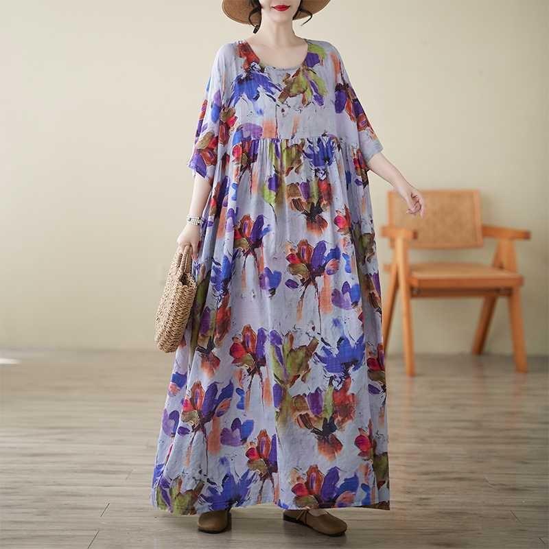 Boho Summer Dress for Women  Loose Fit V-Neck Short Sleeve Cotton Linen Maxi Dress Casual Beach Vacation Dress