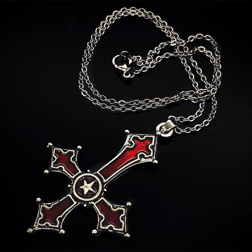 European and American retro simple fashion gothic black gem ruby cross pendant men's women's necklace