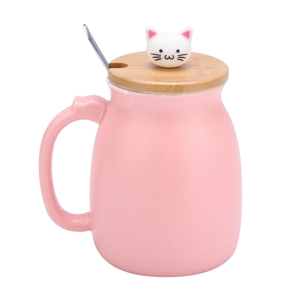 1Pc Lovely Cat Ceramic Cup with Spoon and Lid  Coffee Water Milk Mug for Drinkware Gift(Pink)