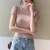 Women Summer Knitted Ice Silk T-Shirt Tops Short Sleeve Slim Fungus Leaf Collar High Waist Solid Color Cool