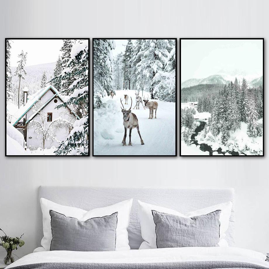 Vinter Snø Skog Fjell Furutre Elg Hjort Veggkunst Lerretsmaleri Plakater og utskrifter Veggbilder til stuedekor