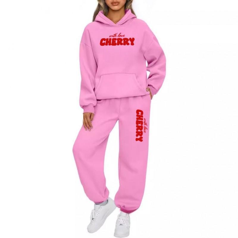 Womens Oversized Drop Shoulder Hooded Sweatshirt Set Cherry Print Loose Streetwear Two-Piece Outfit