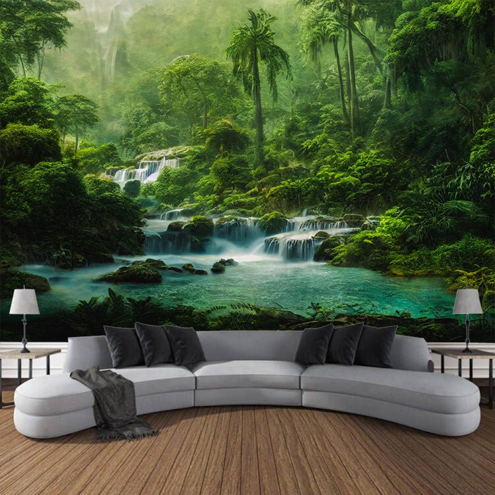 Bohemian style home decoration wall hanging forest waterfall tapestry landscape background cloth bedroom living room dormitory