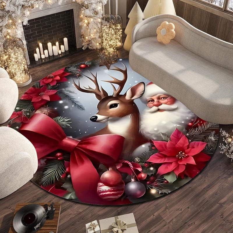 Festive Santa Reindeer Mat, Soft Flannel Floor Covering, Durable Anti-Skid Rug for Lounge, Bedroom, Seasonal Home Decor