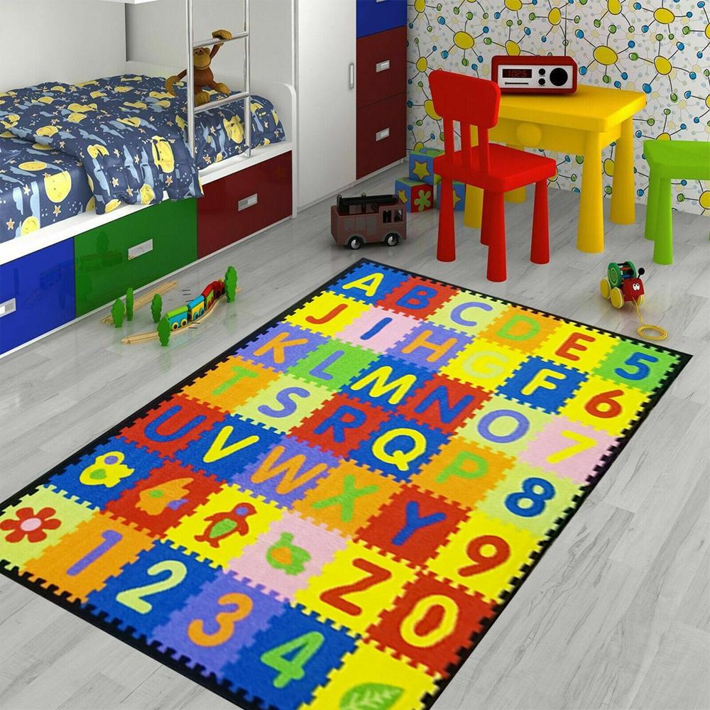 Colorful Alphabet Number Puzzle Area Rug Cute Educational ABC Print Non Slip Carpet for Bedroom Home Decor