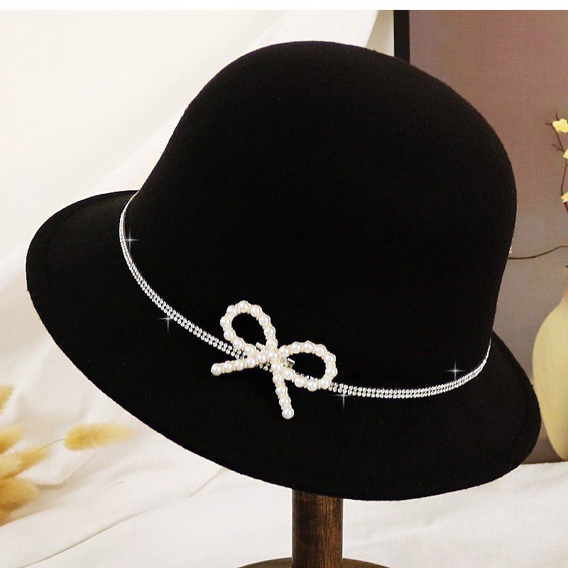 

Осенне-зимняя шерстяная шляпа-цилиндр женская со стразами, шляпа-котелок с бантом, черно-белая, в стиле маленького ароматного ветра, шляпа-ведро ONE SIZE