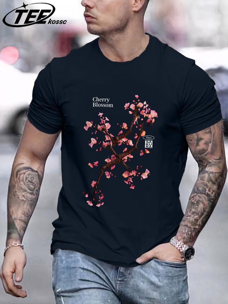 Beautiful Cherry Blossoms Printing Retro TShirt Mens Loose Cotton Tee Shirts Trendy Summer Clothing Unisex AllMatch Streetwear
