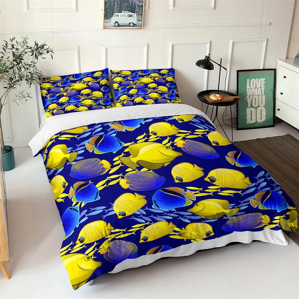 Comforter Ocean Blue Sea Fish 3D Printed Kids Bedding Set Queen King Nordic Ocean Landscape Soft Polyester Comforter