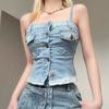 Personality Wash Blue Denim Small Vest Denim Crop Top Pocket Vintage Button Tops