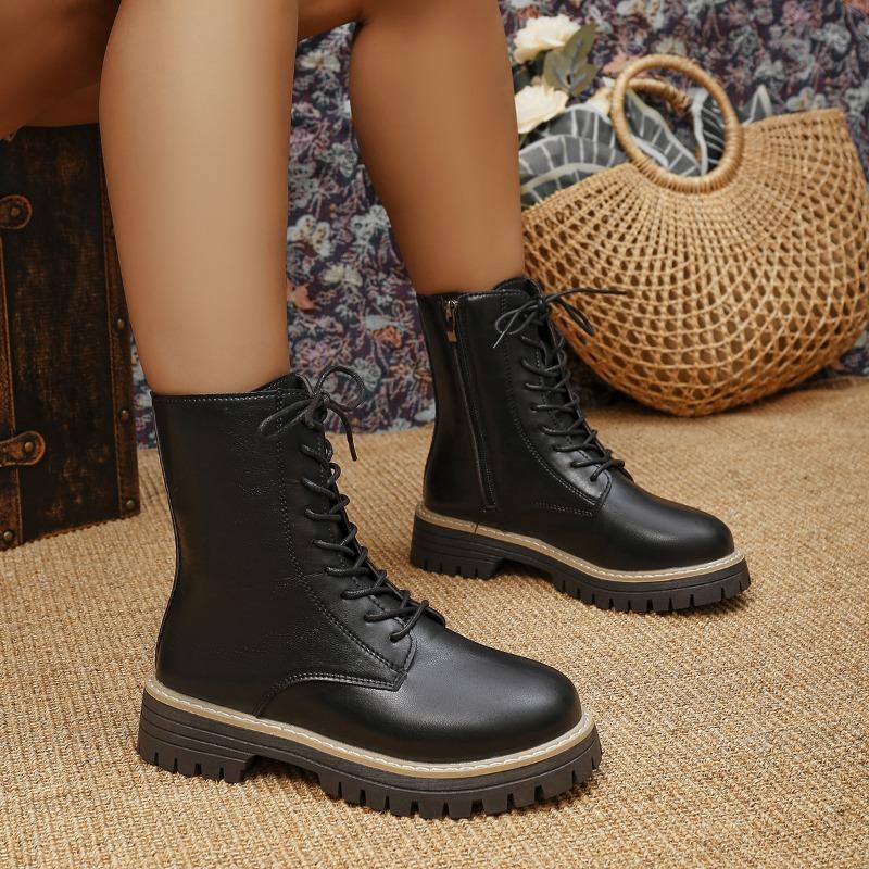 Neue Damenschuhe: Großzügige runde Spitze, dicker Absatz, Fleece-Schnürung vorne