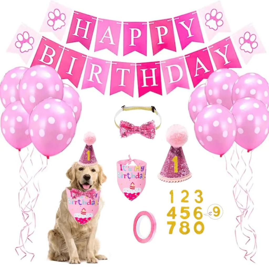 Pet Birthday Set with Golden Sequins Hat Bandana Birthday Party Banner Decoration Bow Tie Cat Dog Toys Festive Party Accessories