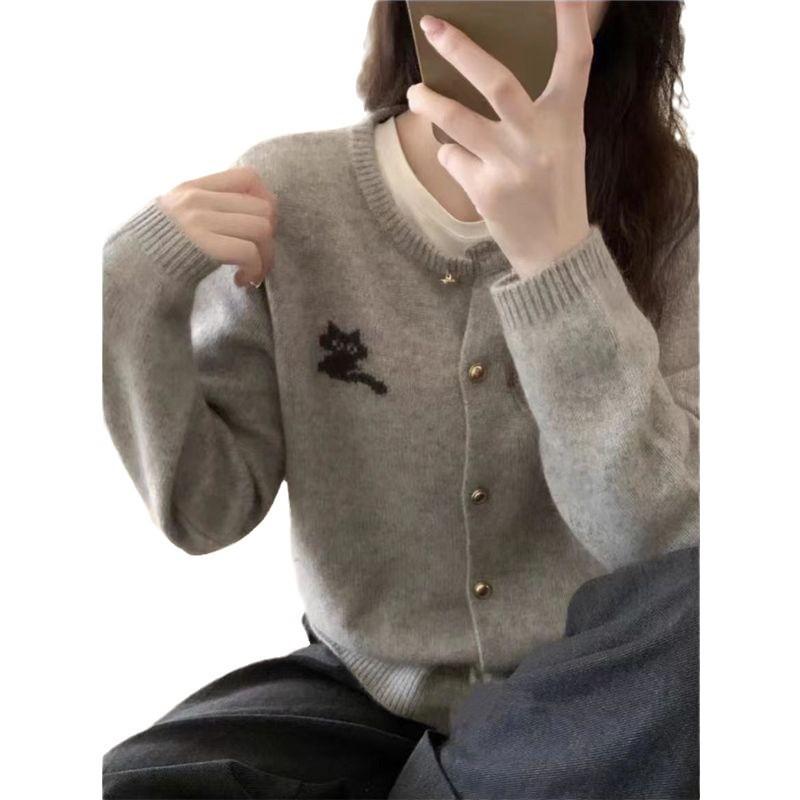 Grey Round Neck Wool Cardigan Jacket for WomenLoose Kitten Knitted Sweater Short Style
