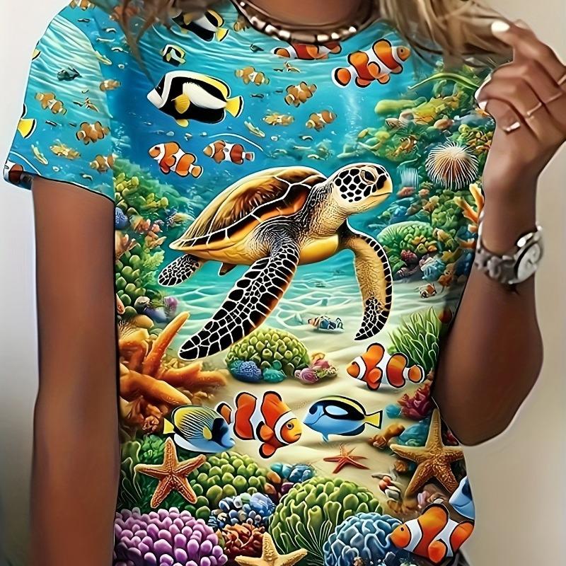 Dámské tričko Želva 3D potisk Krátký rukáv Módní Ležérní Street Kulatý výstřih Nadměrná velikost Vysoká kvalita Letní dámské oblečení