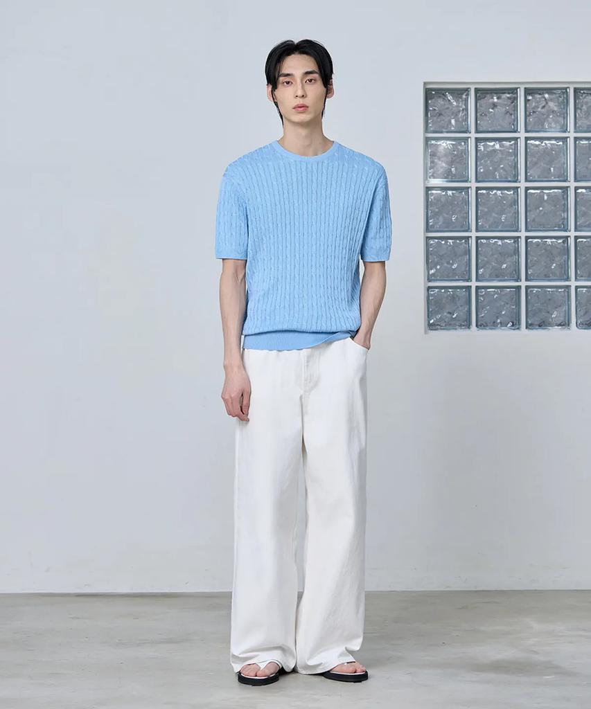 AGOD Cotton Modal Washable Crew Neck Cable Knit [Sky Blue]