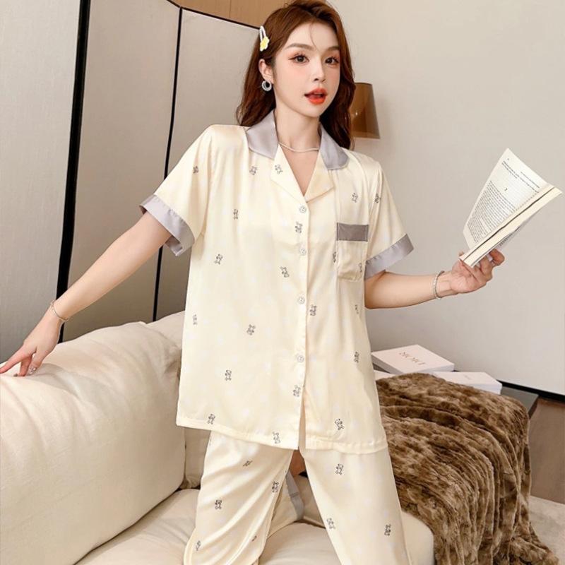 Seda Fria Primavera Fresca E Verão Roupa Exterior Casual Desenho Animado Manga Curta Calças Urso Estampa Completa Roupa de Dormir Conjunto