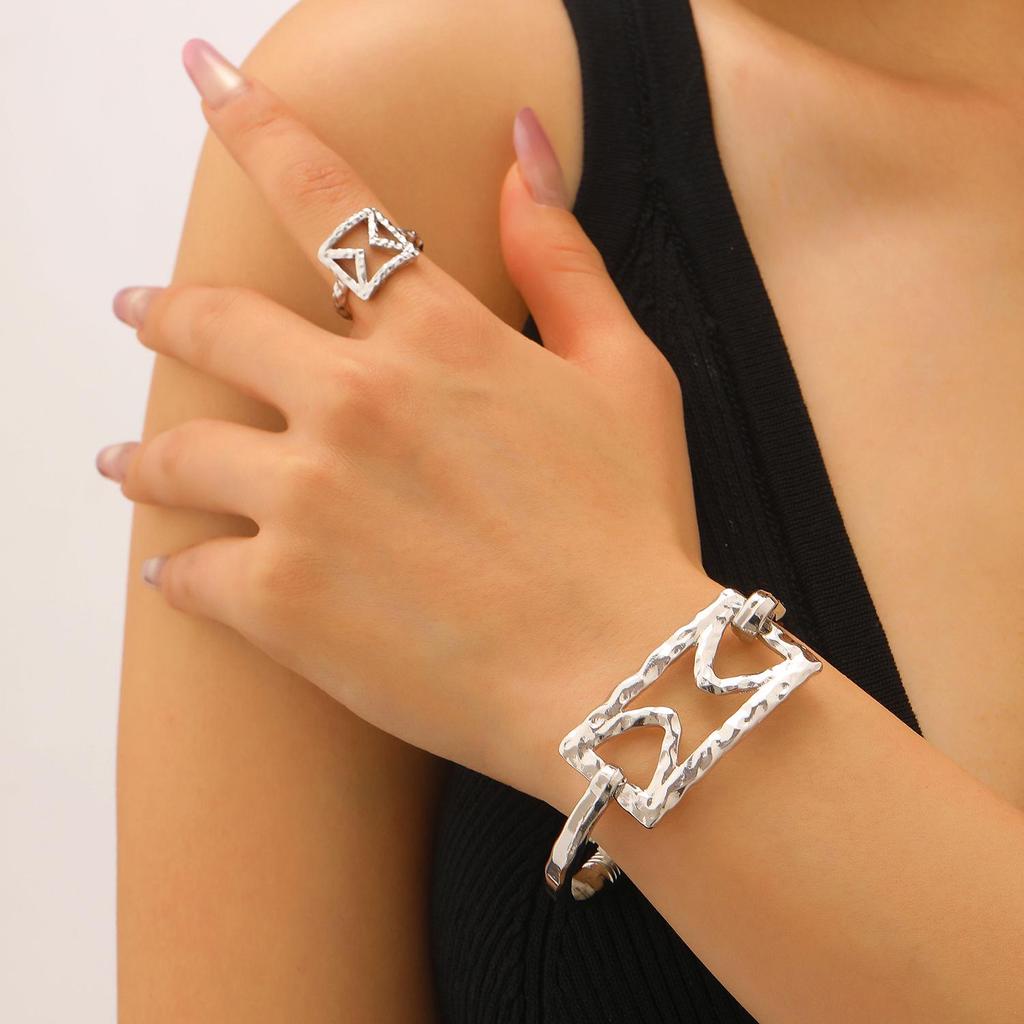 Bold Leopard Print Geometric Bangle & Ring Set - Adjustable Hand Jewelry for Women