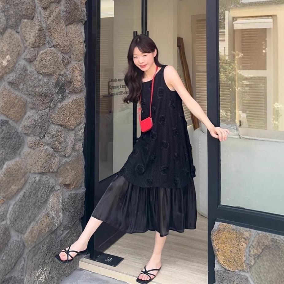 Pink three-dimensional flower sleeveless vest dress Sanya seaside vacation long dress temperament fake two-piece skirt women's summer
