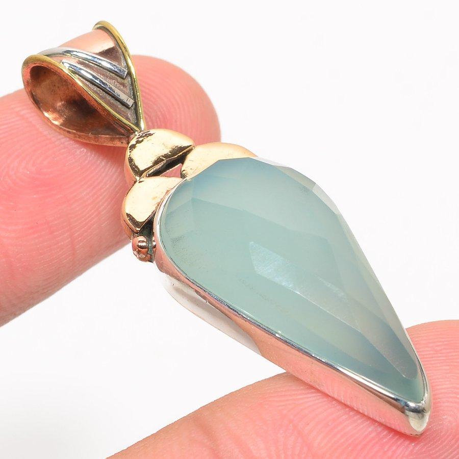 Natural Aqua Chalcedony Two Tone 925 Solid Sterling Silver Pendant 2.0" D1U90