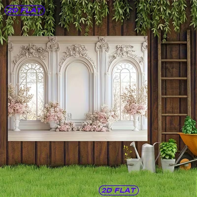 2D Elegant White Window Backdrop Pink Flower Wedding & Party Decor
