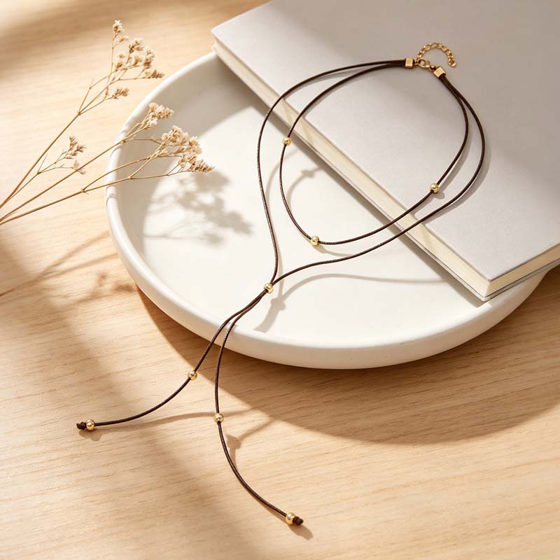 Vintage Black Rope Bow Tie Pendant Necklace For Women Elegant Metal Beaded Long Adjustable Necklace Jewelry Accessories