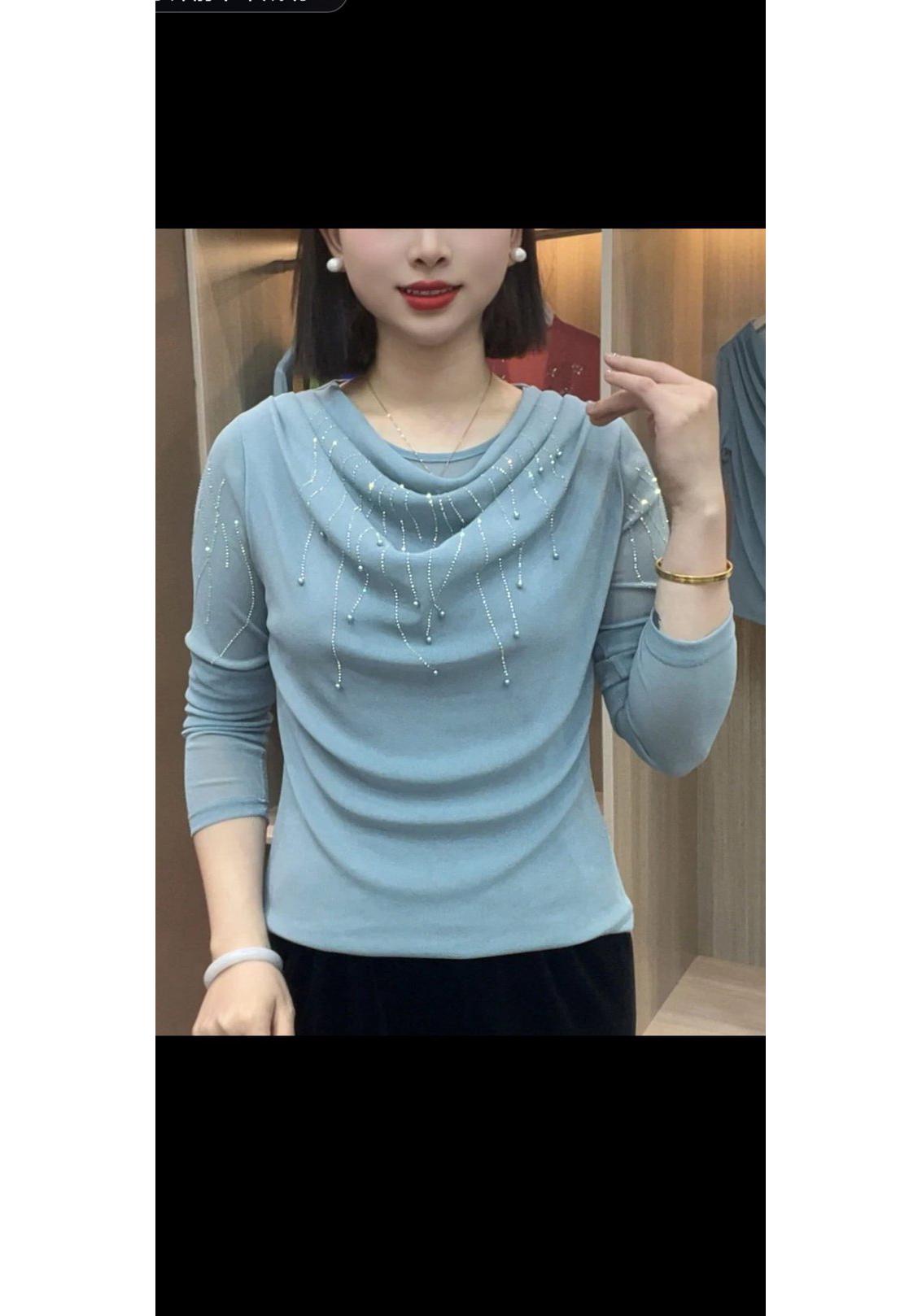 Stylish Beaded Collar Women s Long-Sleeve Tee - Perfect for Spring & Summer 6XL небесно-голубой