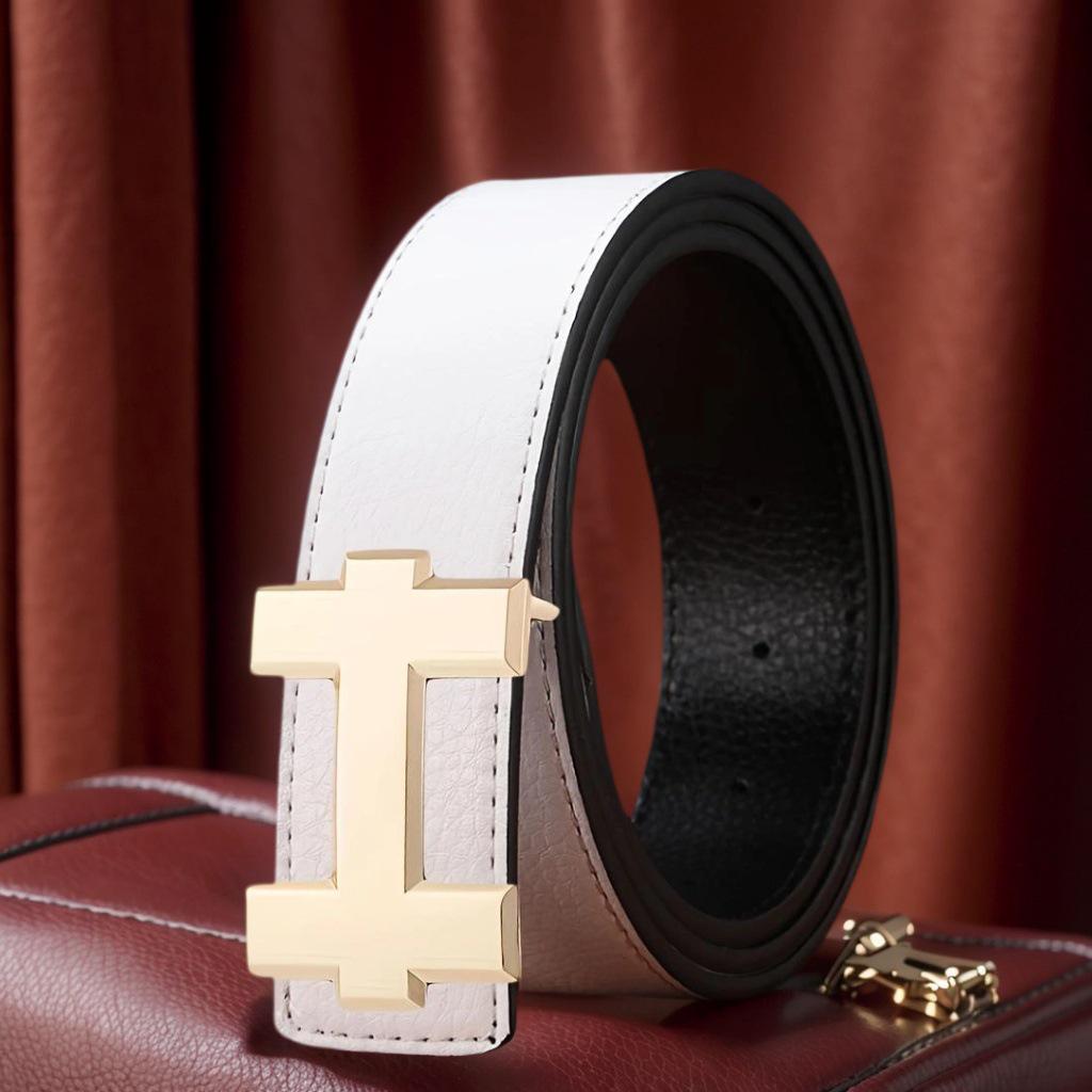 Unisex Korean H Buckle Genuine Leather Belt with Lychee Grain Design