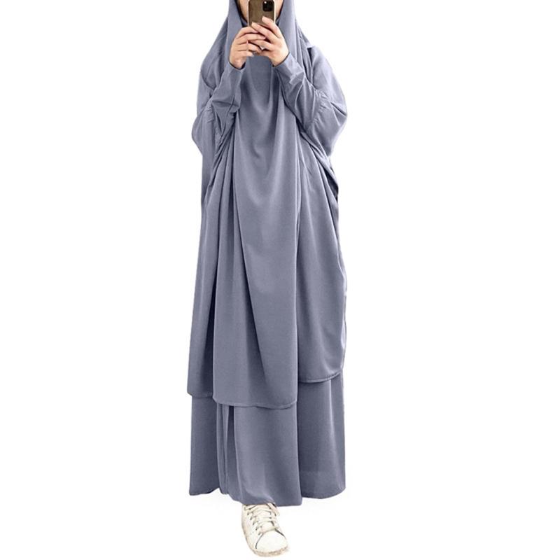 Large Hem Solid Color Robe Dress Hood Set Muslim National Costume