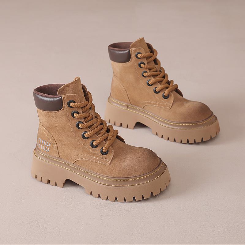 First layer pigskin Martin boots women's 2025 thick-soled heightening outdoor rhubarb boots versatile retro British style tooling short boots