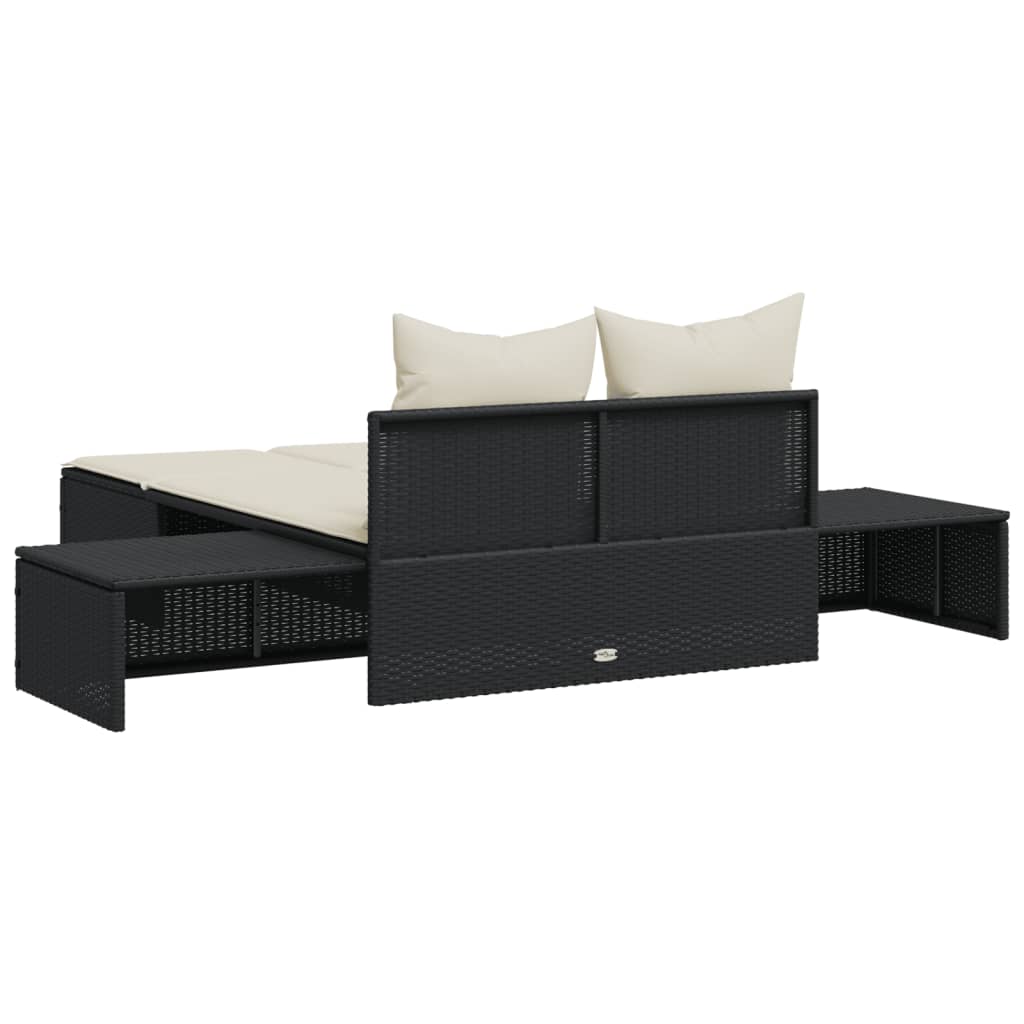 Double Sun Lounger with Cushions Black Poly Rattan
