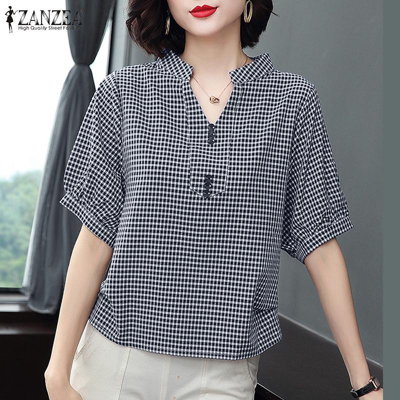 

ZANZEA Женская повседневная блузка с коротким рукавом и v-образным вырезом в клетку с принтом