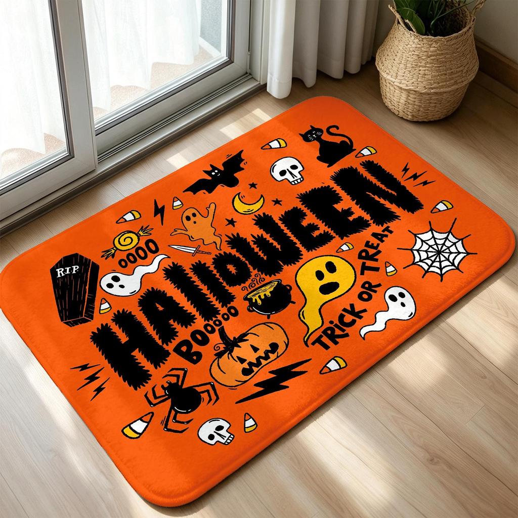 Orange Halloween Doormat Black Cat Pumpkin Welcome Rug Spider Web Area Rug Winter Floor Mat Kitchen Porch Entrance Cushion