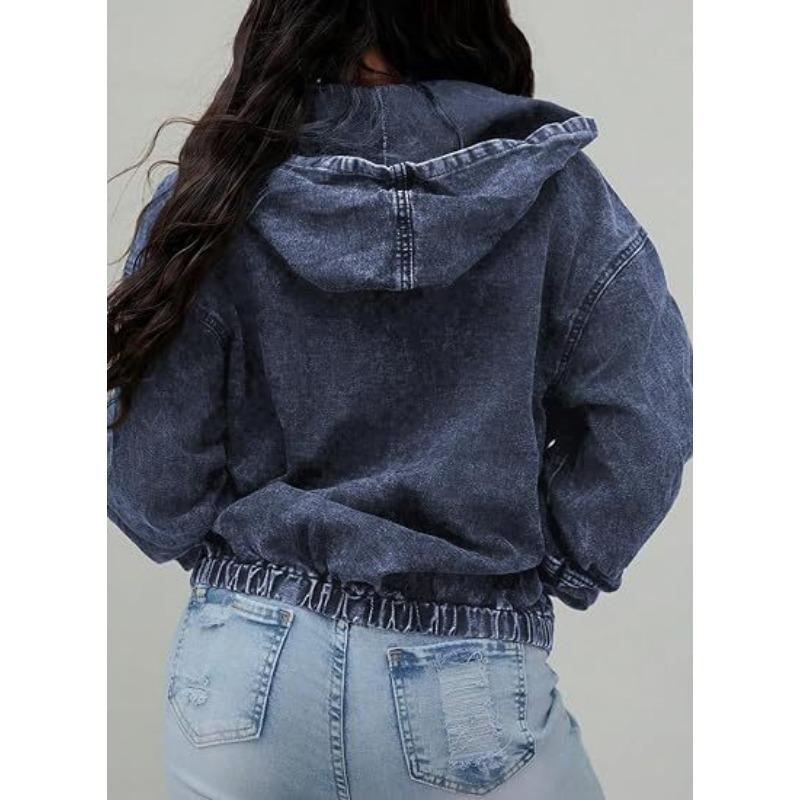 Womens Vintage Washed Distressed Denim Hooded Short Loose Jacket Casual Outerwear