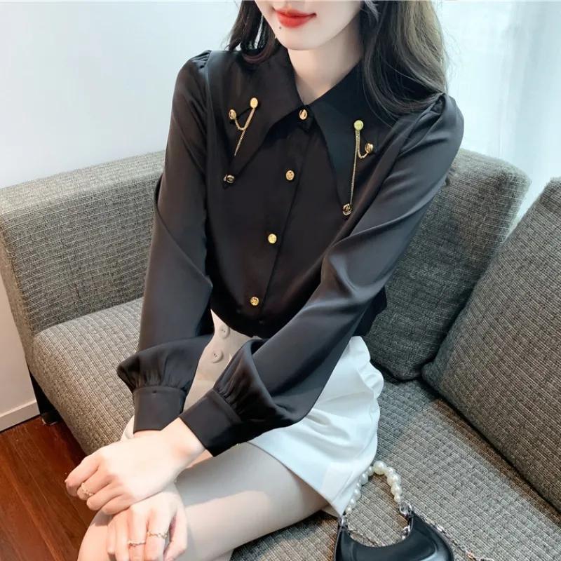 Autumn Temperament Chain Shirt Female Long Sleeve Elegant Fashion Buttons Blouse Women's Solid Color Top