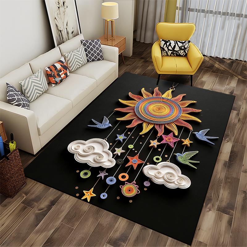 Colorful Sun and Cloud Pattern Modern Carpet with Star Accents Suitable for Use As an Anti-slip for Living Room Bedroom Sofas