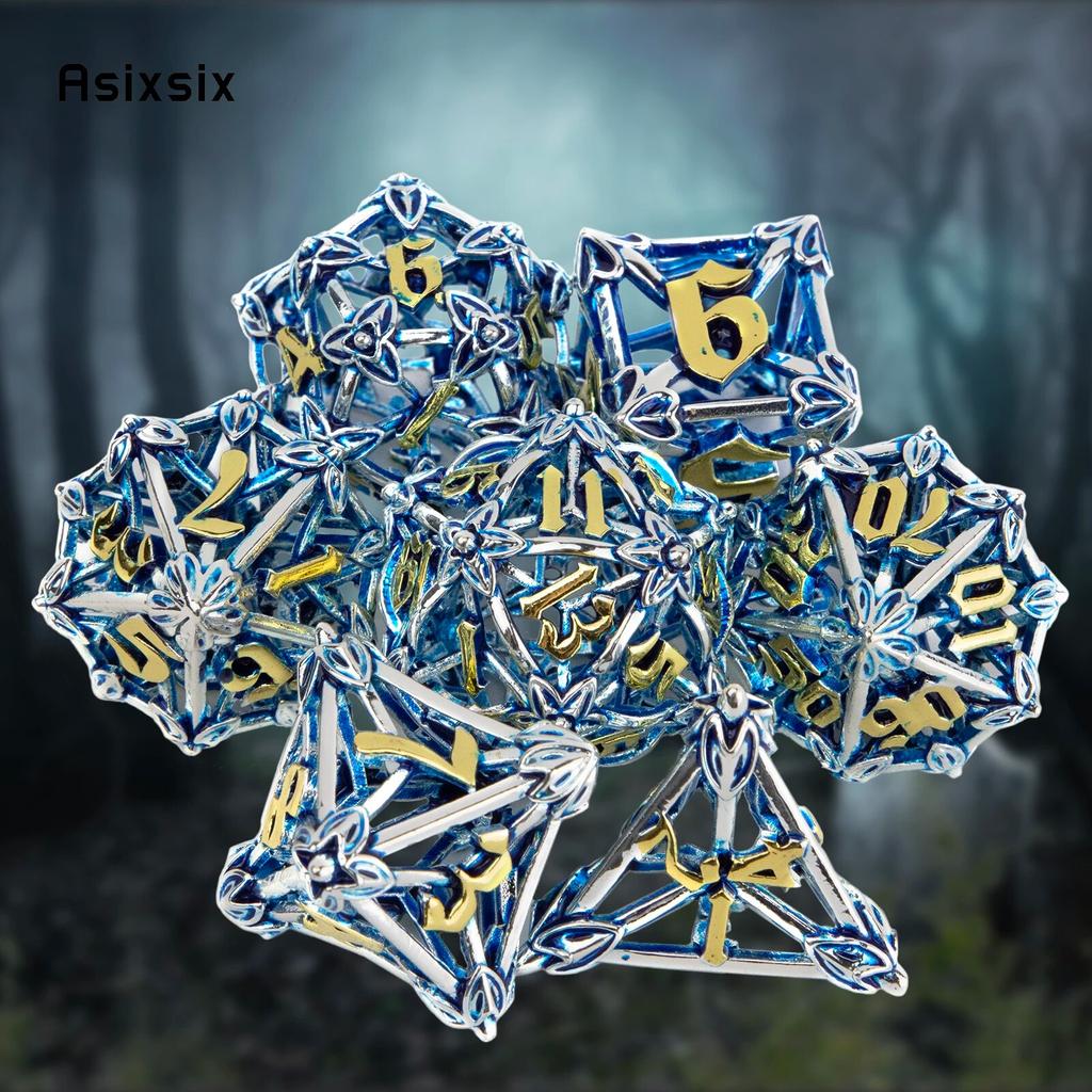 7 Pcs Silver Blue Leaf Flower Metal Dice Hollow Metal Polyhedral Dice Set Suitable for Role-Playing RPG  Board Game Card Game