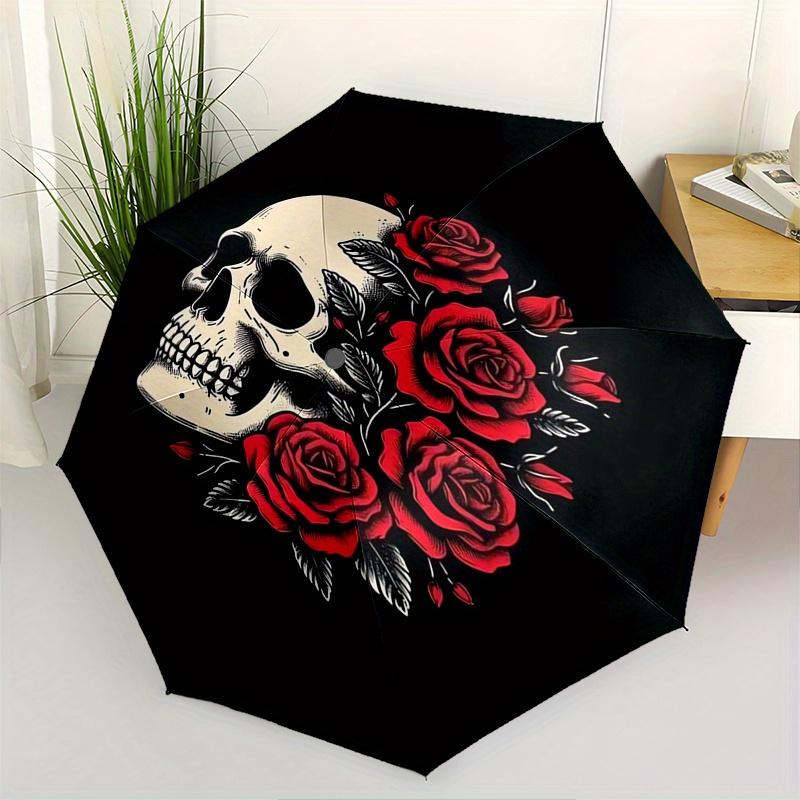 

Skull Roses Automatic Folding Umbrella 8 Ribs, Durable Iron Frame, Bright Color Pattern Compact Travel Umbrella, Suitable for Outdoor, Beac