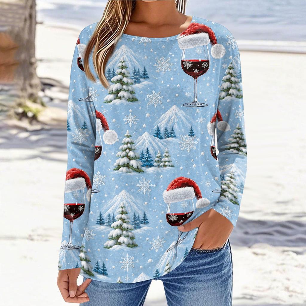 Women's Christmas Printed Long Sleeve Round Neck Top Casual Blouse