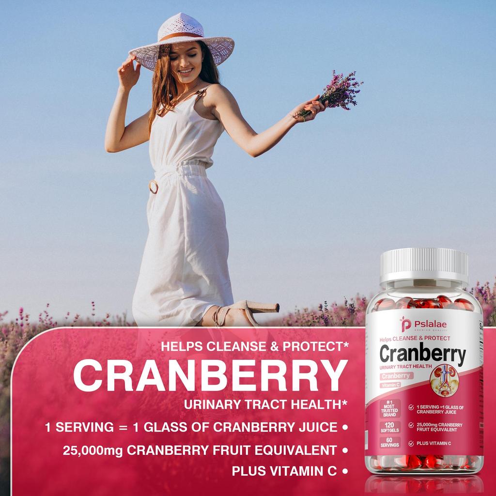 Pslalae Cranberry & Vitamin C Softgels - Immune Support, Urinary Tract Health, Easy Swallow Capsules - 120 Count