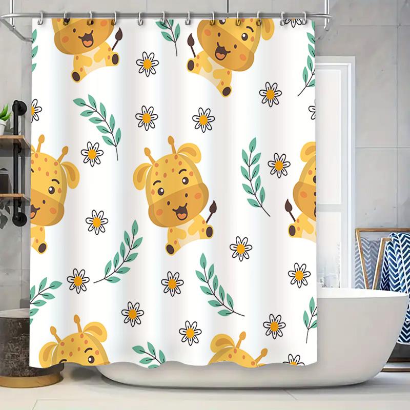 

New Arrival Cartoon Giraffe Shower Curtain Waterproof Bathroom Decor With Flowers Leaves For Children Room (White) W60H190(CM)-1 Pcs