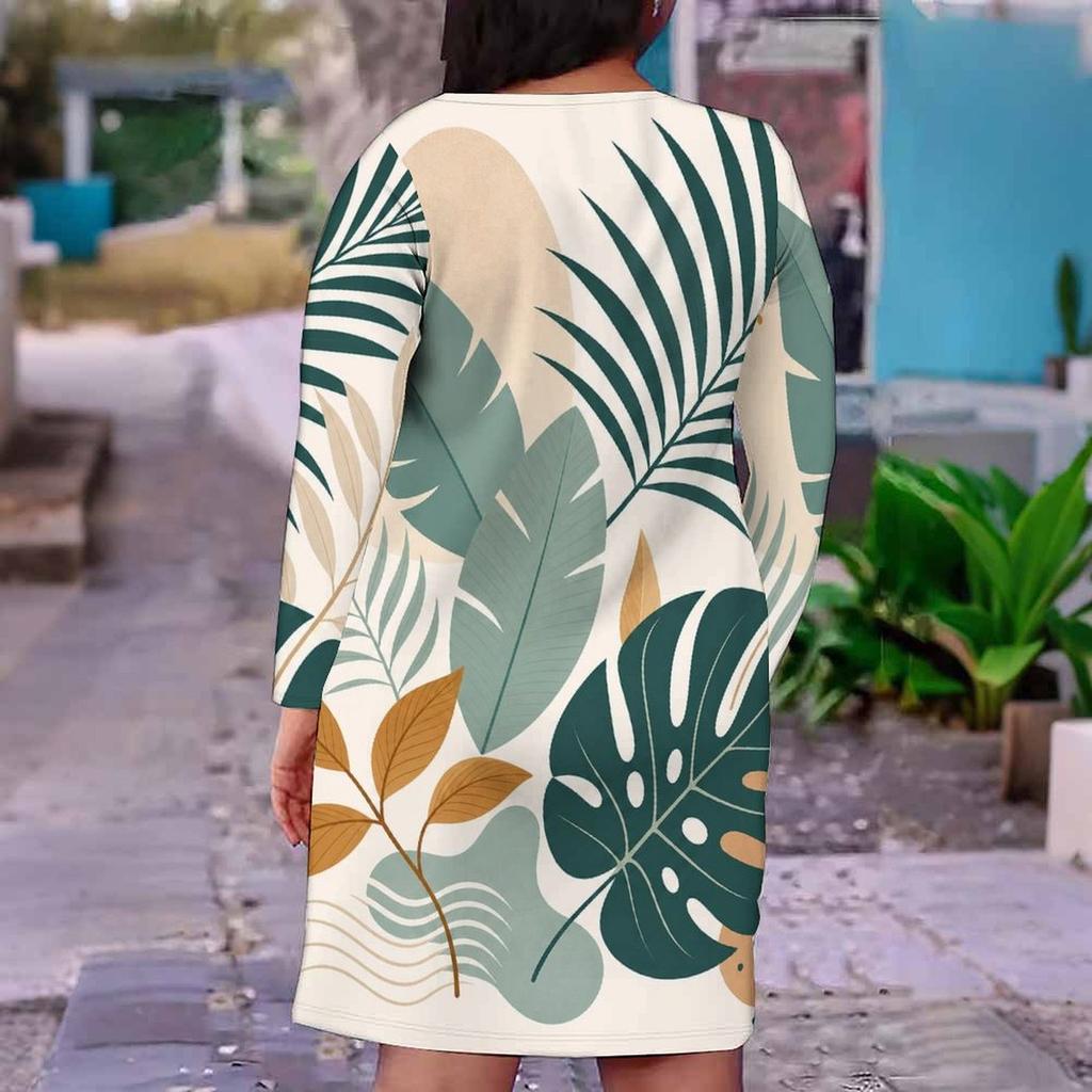 Women Plus Size V Neck Long Sleeve Tropical Leaf Printed Fitted Midi Dress