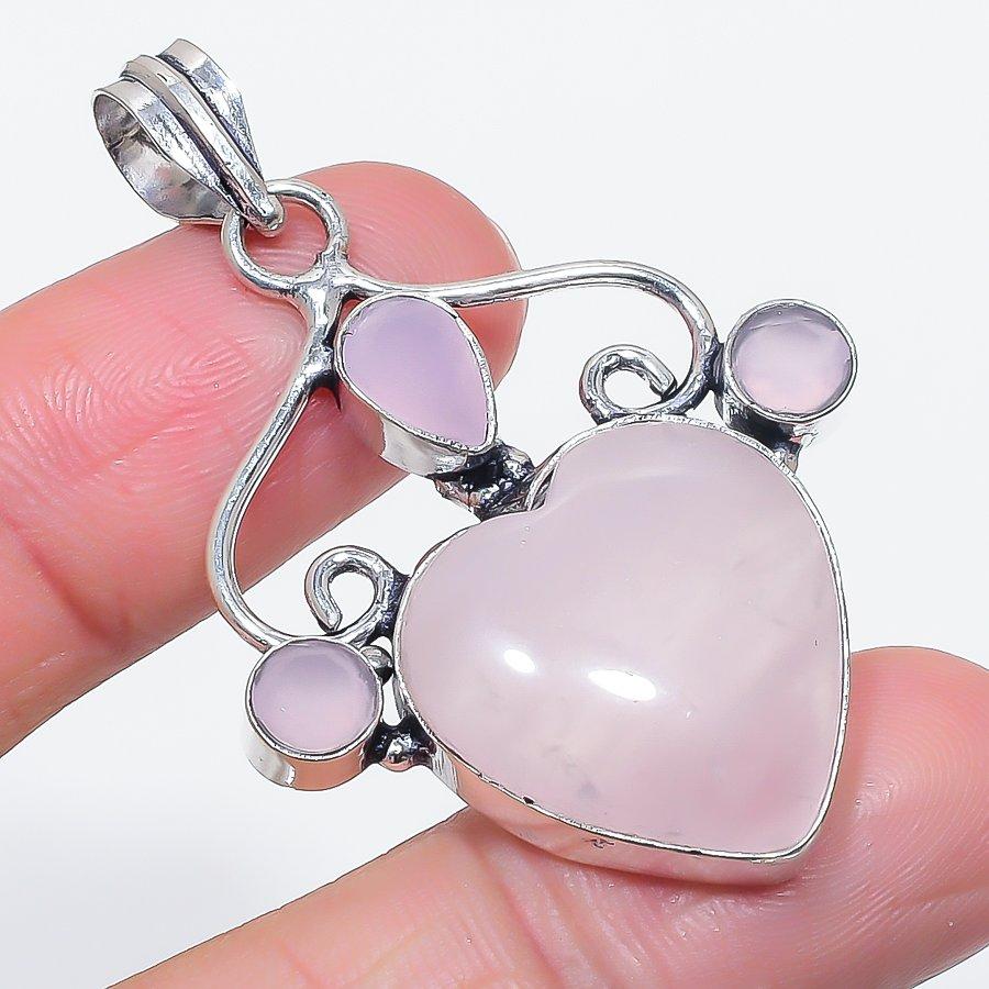 

Натуральный розовый кварц, халцедон 925 стерлинговое серебро ювелирная подвеска 2.09 o8Y71