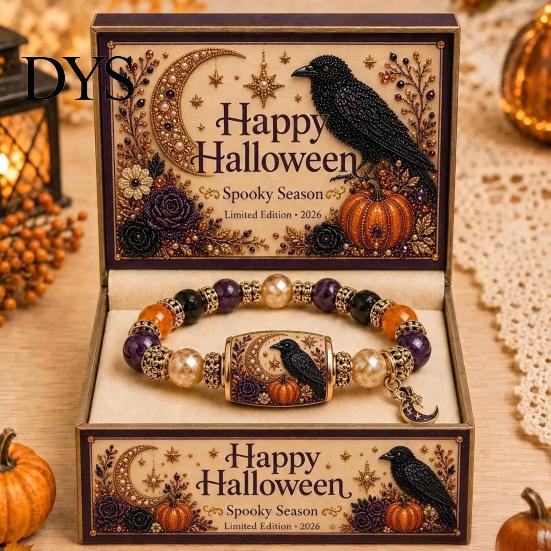 Adjustable Alloy Wristband Halloween Stretch Beaded Bracelet with Gift Box, Black Cat Pumpkin Ghost Stylish Wrist Accessory for Parties Crow